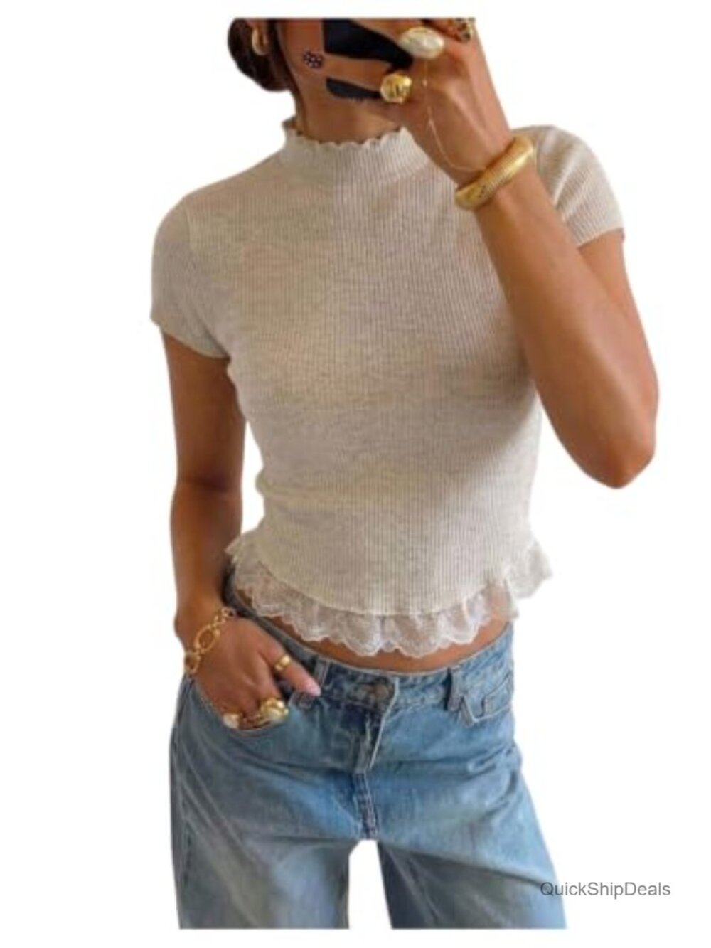 Mock Neck Short Sleeve Lace Trim Rib Knit Crop Sweater